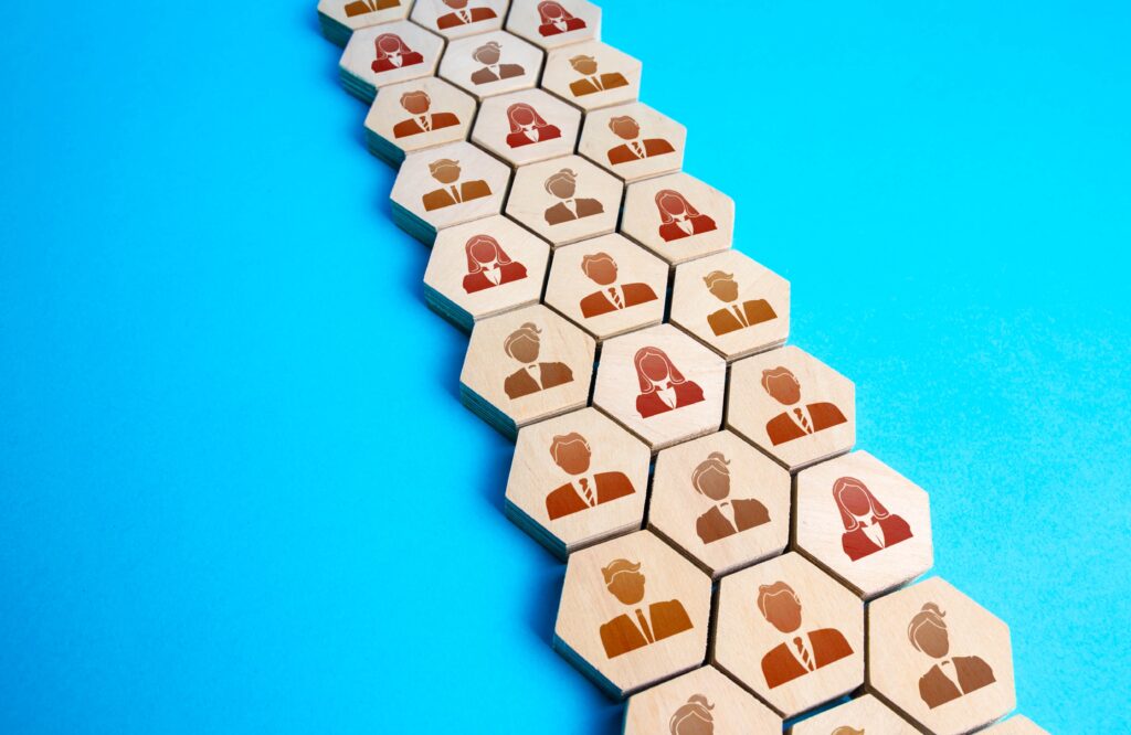 Rows of employees on wooden tiles